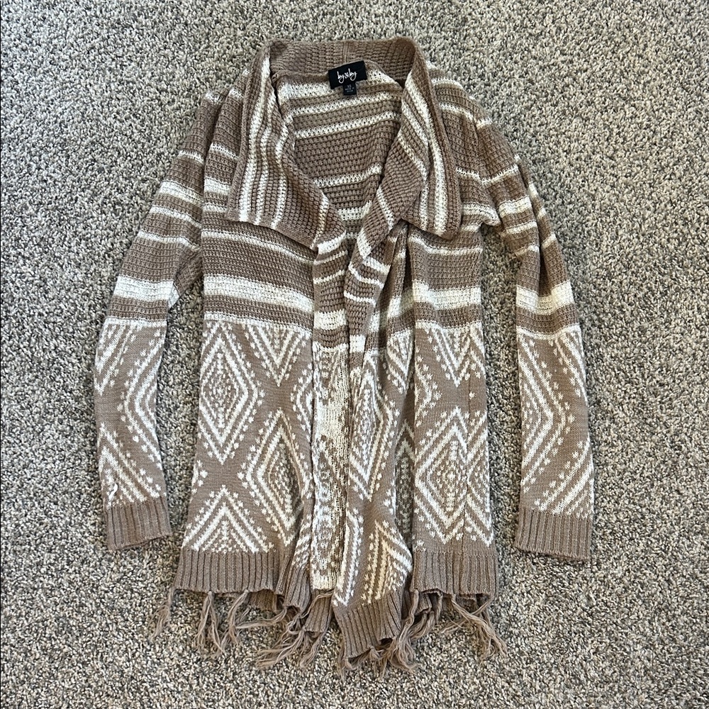 Taupe and Cream Fringe Open-Front Aztec Cardigan